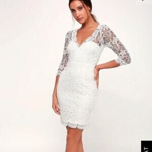 Lulu's Rainey White Lace Bodycon Dress Sz M V-Neck Sheer 3/4th Sleeves Lined